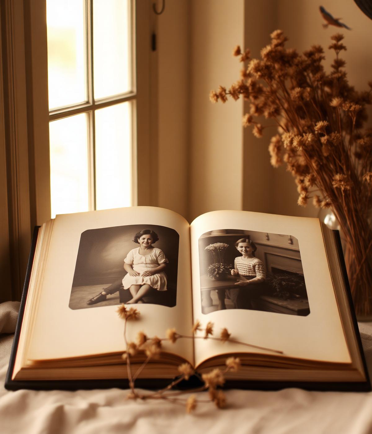 Open vintage album in soft window light