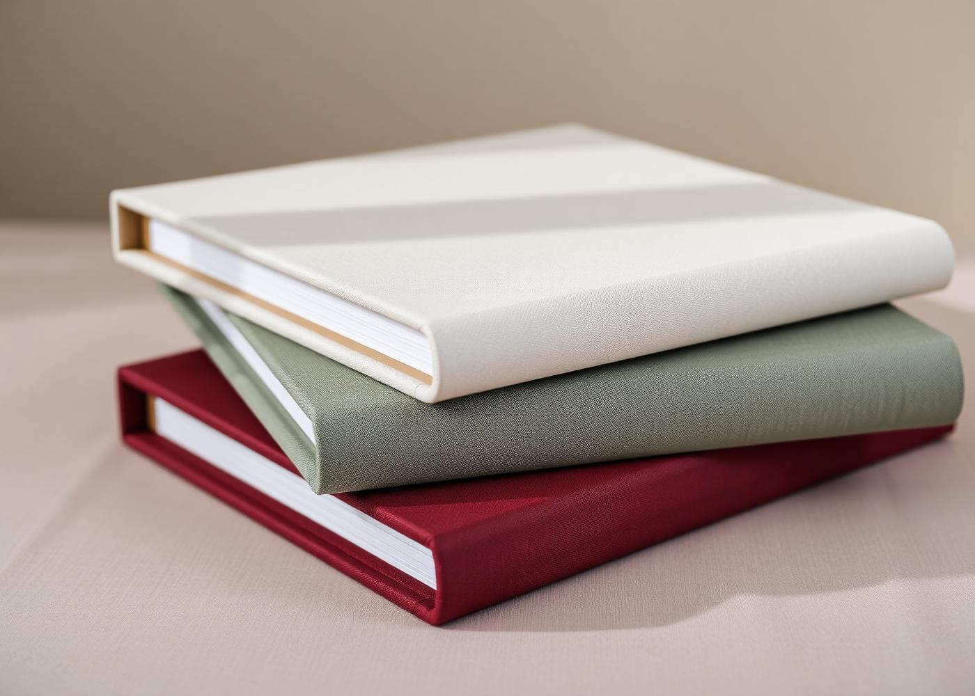 Stack of three premium linen-bound heirloom photo books in cream, sage, and oxblood