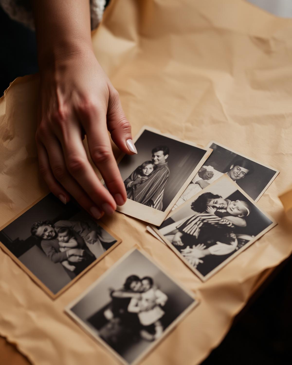 Hands gently arranging vintage black and white family photographs on parchment